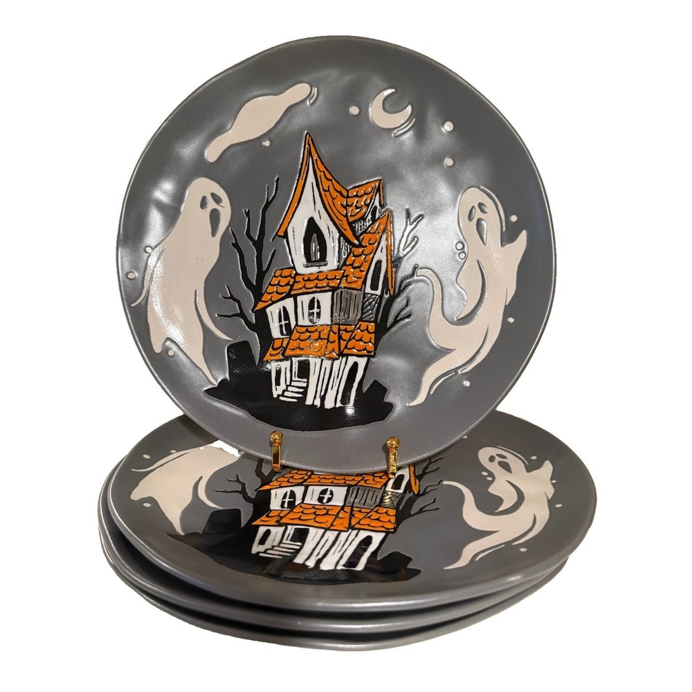 Eli + Ana Halloween Ghost Dinner Plates 11in Haunted House Set of 4 Ceramic NEW